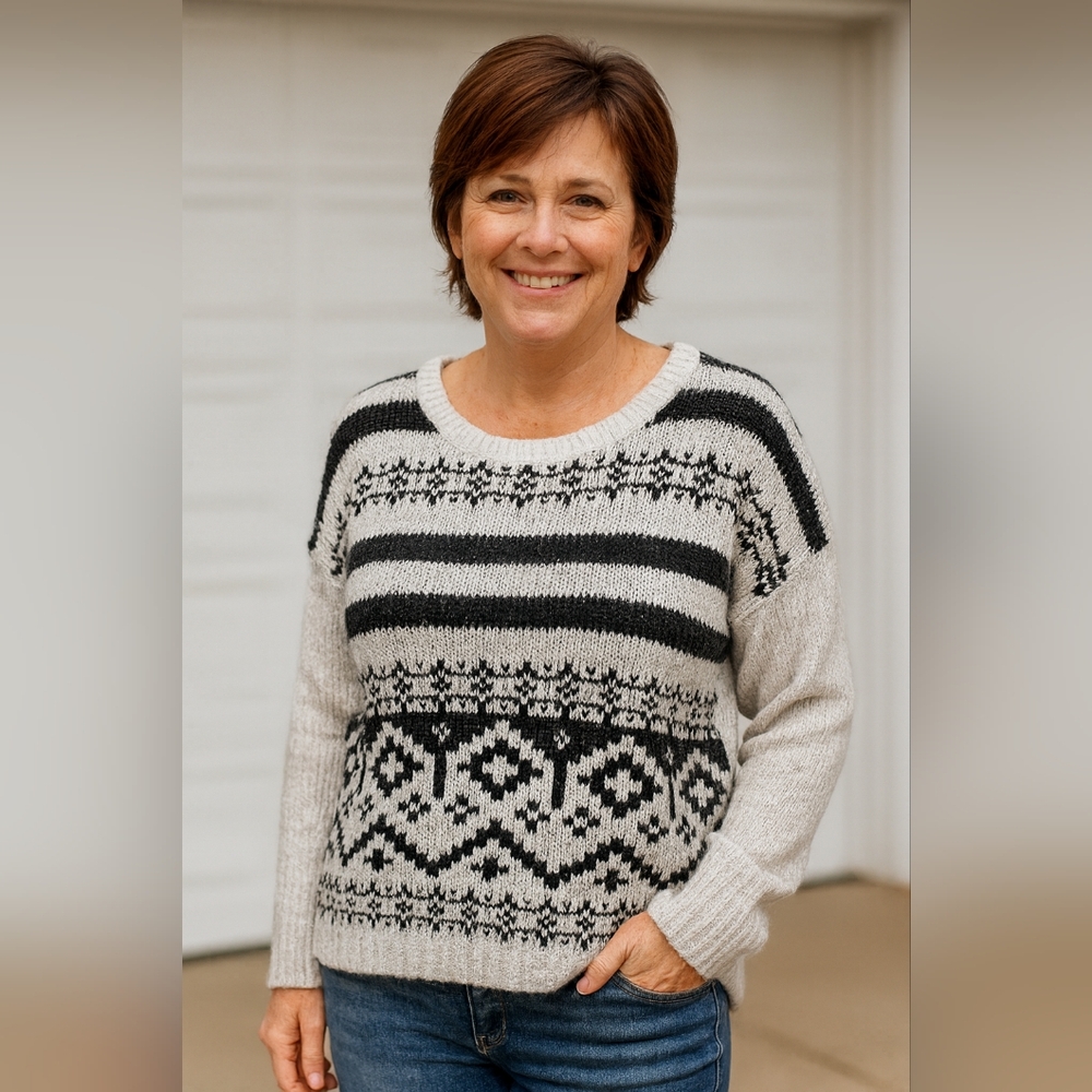 Northcrest‎ Medium Grey Black Fair Isle Nordic Sweater Cozy Cabin Ski Knit